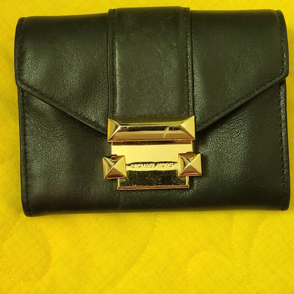 Michael Kors Black Leather Wallet with Gold-Tone Stud Clasp
